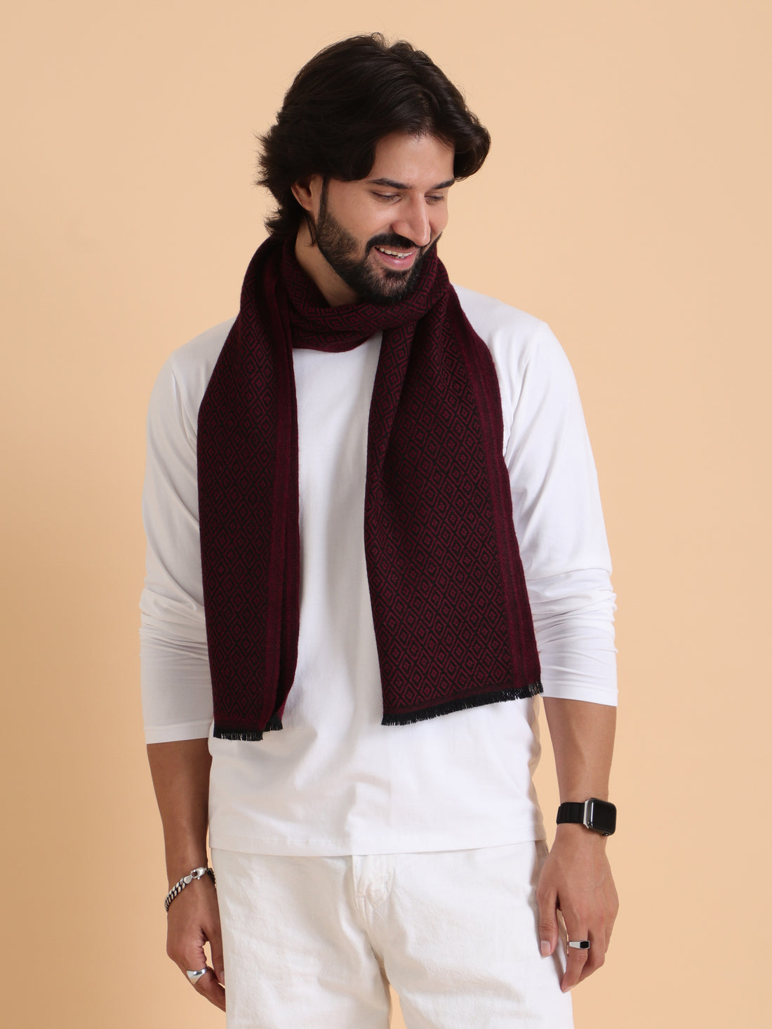 Tweedle Men's  Soft Wool Muffler| Reversible | Geomatrical Pattern | Maroon -  Size 14 x 72 Inches