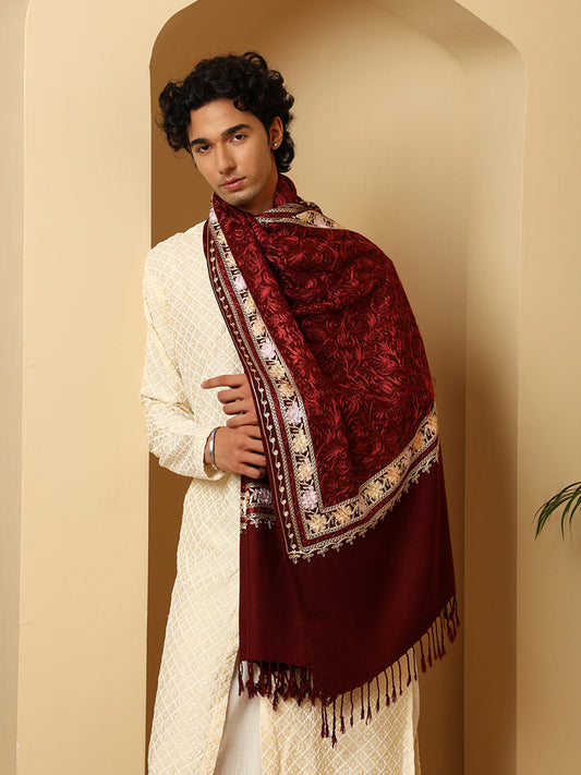 tweedle Men’s Kashmiri Aari Embroidery Stole - Wine, Size - 28 x 80 inches