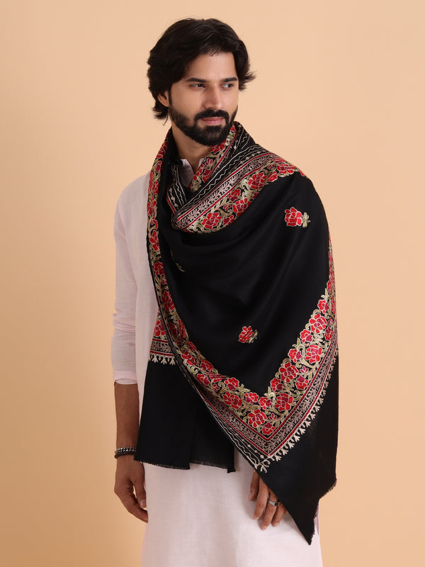 Kashmiri Aari Embroidery Stole, Solid Color with Multicolor Floral Design - Black