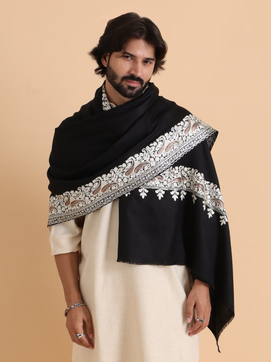 tweedle Kashmiri Aari Embroidery Shawl for Men - Black (40 x 80 inches)