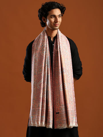 Tweedle Men’s Ruhani Kashmiri Kani Shawl - White, 40 x 80 inch