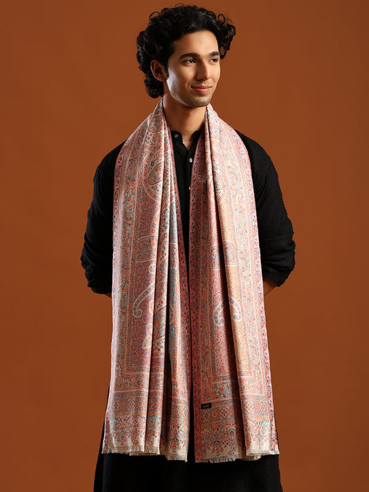 Tweedle Men’s Ruhani Kashmiri Kani Shawl - White, 40 x 80 inch