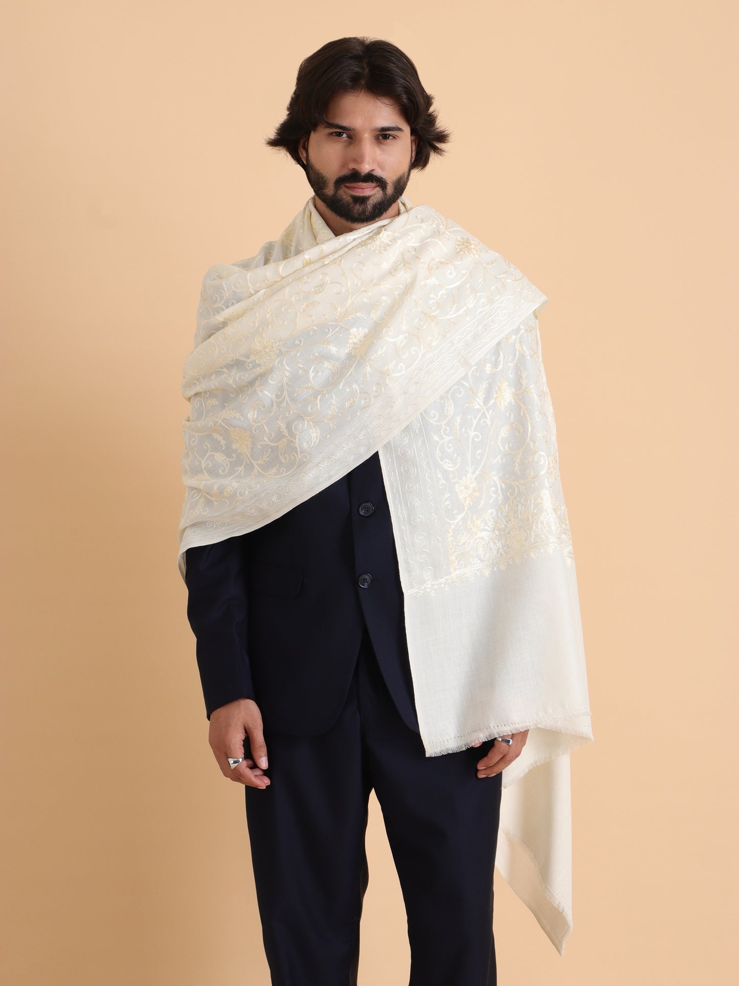 tweedle Kashmiri Aari Embroidery Shawl / Stole for Men - Off-White (40 x 80 inches)