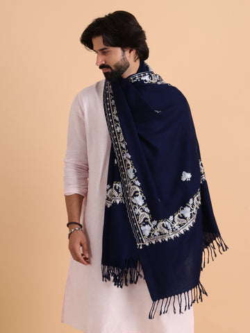 Acro Wool Stole / Wrap with Aari Embroidery Border - Navy Blue