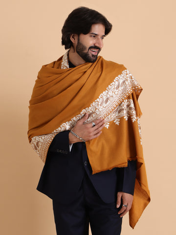 tweedle Kashmiri Aari Embroidery Shawl for Men - Mustard (40 x 80 inches)