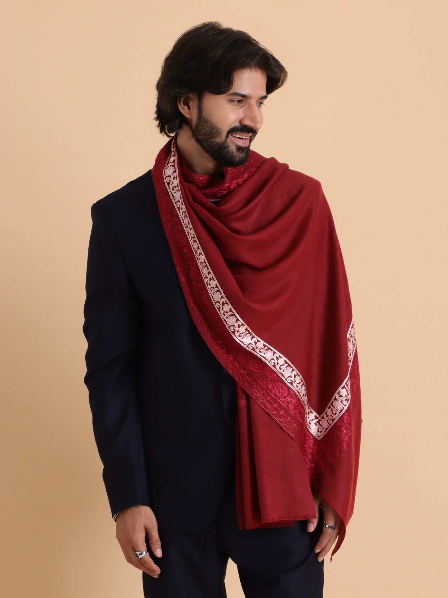 Tweedle Fine Wool Embroidered Stole/Scarf for Men -Maroon, Medium Size -28x80