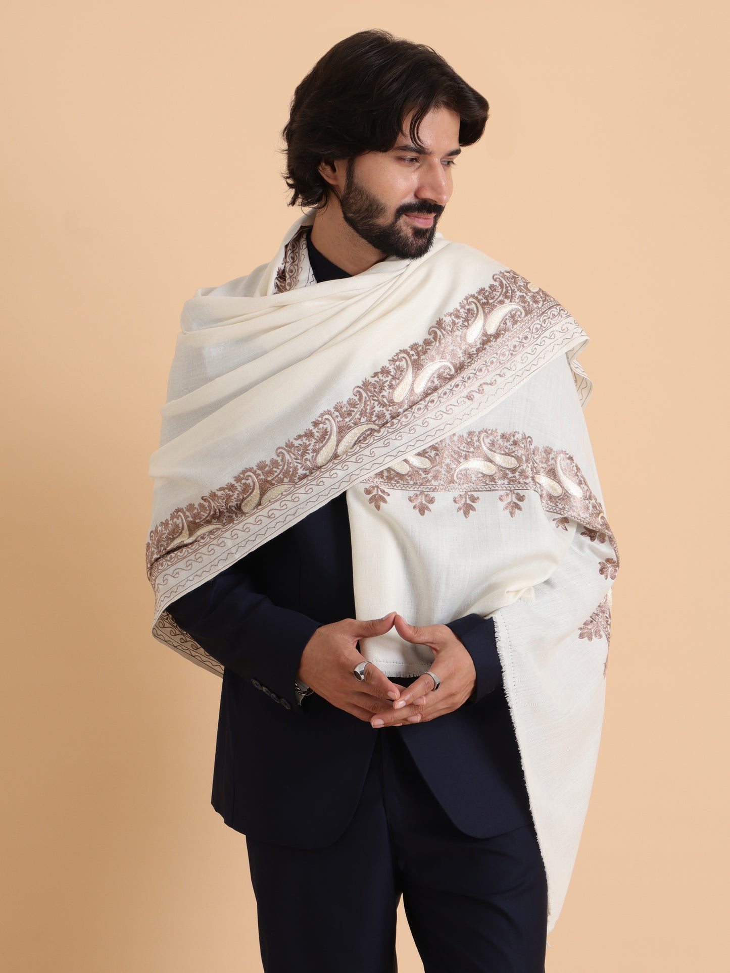 tweedle Kashmiri Aari Embroidery Shawl / Stole for Men - Off-White (40 x 80 inches)