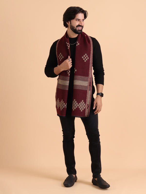 Soft Woolen Reversible Geomentrical Design  Muffler - Maroon