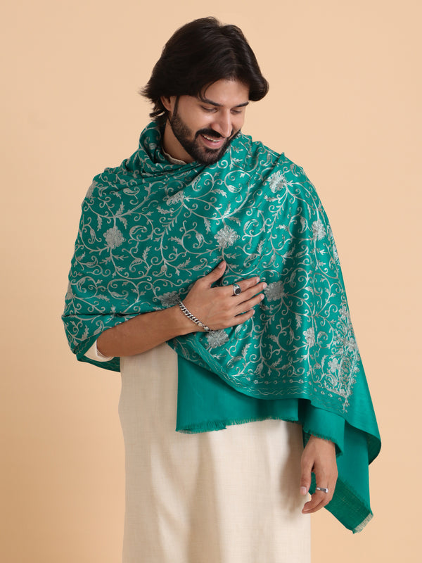 tweedle Kashmiri Aari Embroidery Shawl for Men - Turquoise (40 x 80 inches)