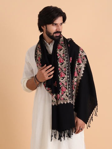 Acro Wool Stole / Wrap with Aari Embroidery Border - Black