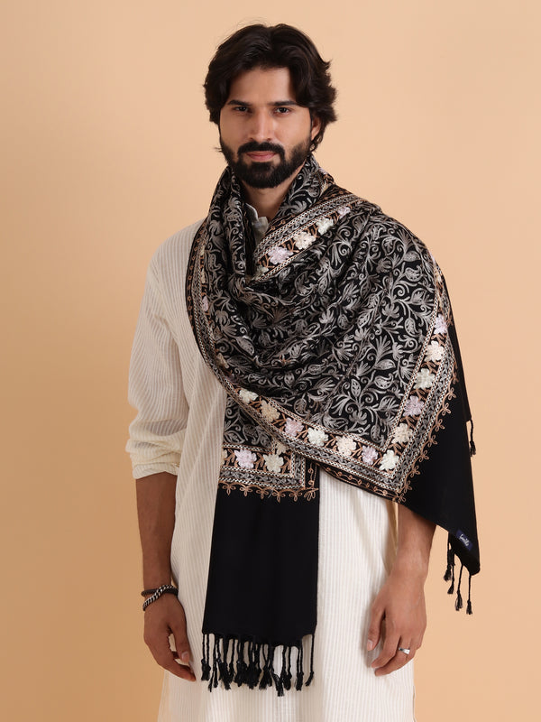 Acro Wool, Soft Feel Kashmiri Embroidery Stole for Winters - Black