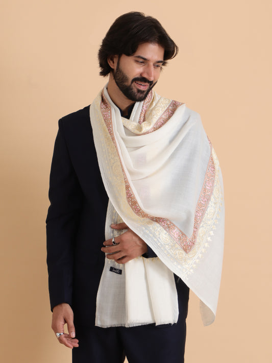 Tweedle Fine Wool Embroidered Stole/Scarf for Men -Off-White, Medium Size -28x80