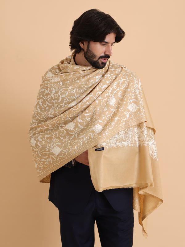 tweedle Kashmiri Aari Embroidery Shawl  for Men - Beige (40 x 80 inches)
