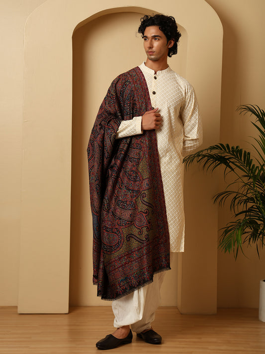 Tweedle Men’s Ruhani Kashmiri Kani Shawl - Black, 40 x 80 inch