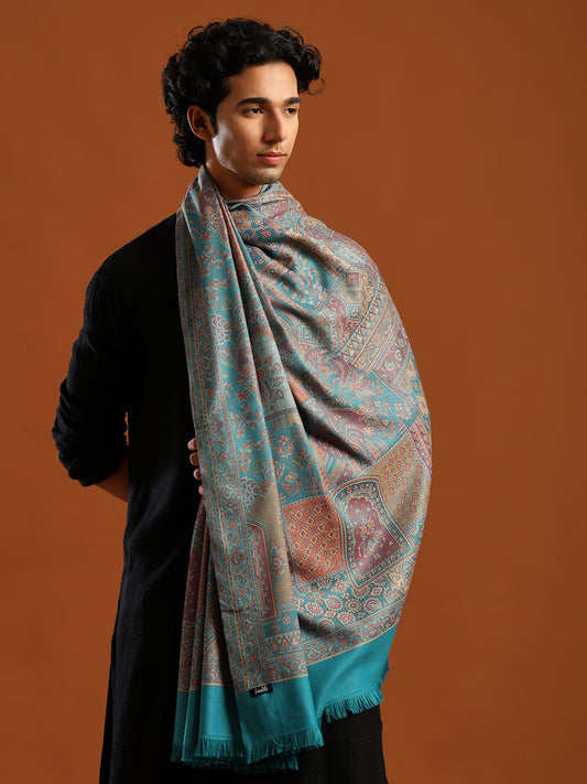 Tweedle Men’s Jamawar Shawl, Faux Pashmina - Turquoise, Size 40 x 80 inches