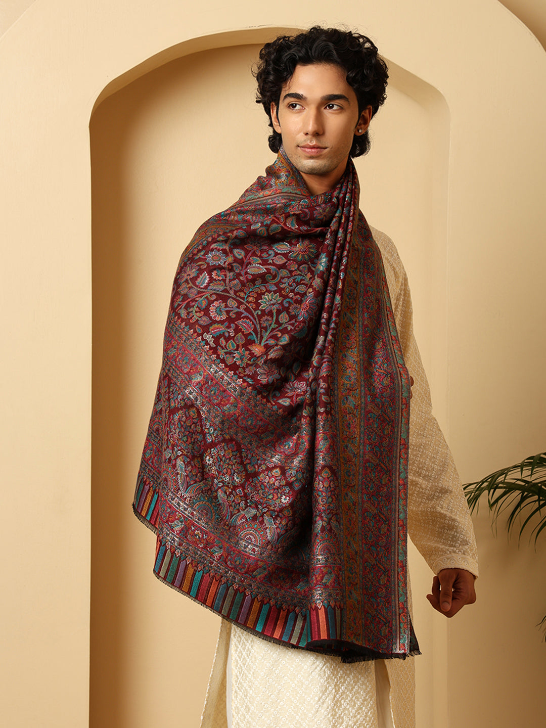 Tweedle Men’s Regalia Silk Modal, Zari Weave, Kashmiri Kani Shawl - Maroon