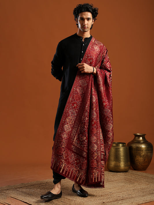 Tweedle Men’s Naira Kani Design and Zari Border - Maroon, Size - 40 x 80 inches