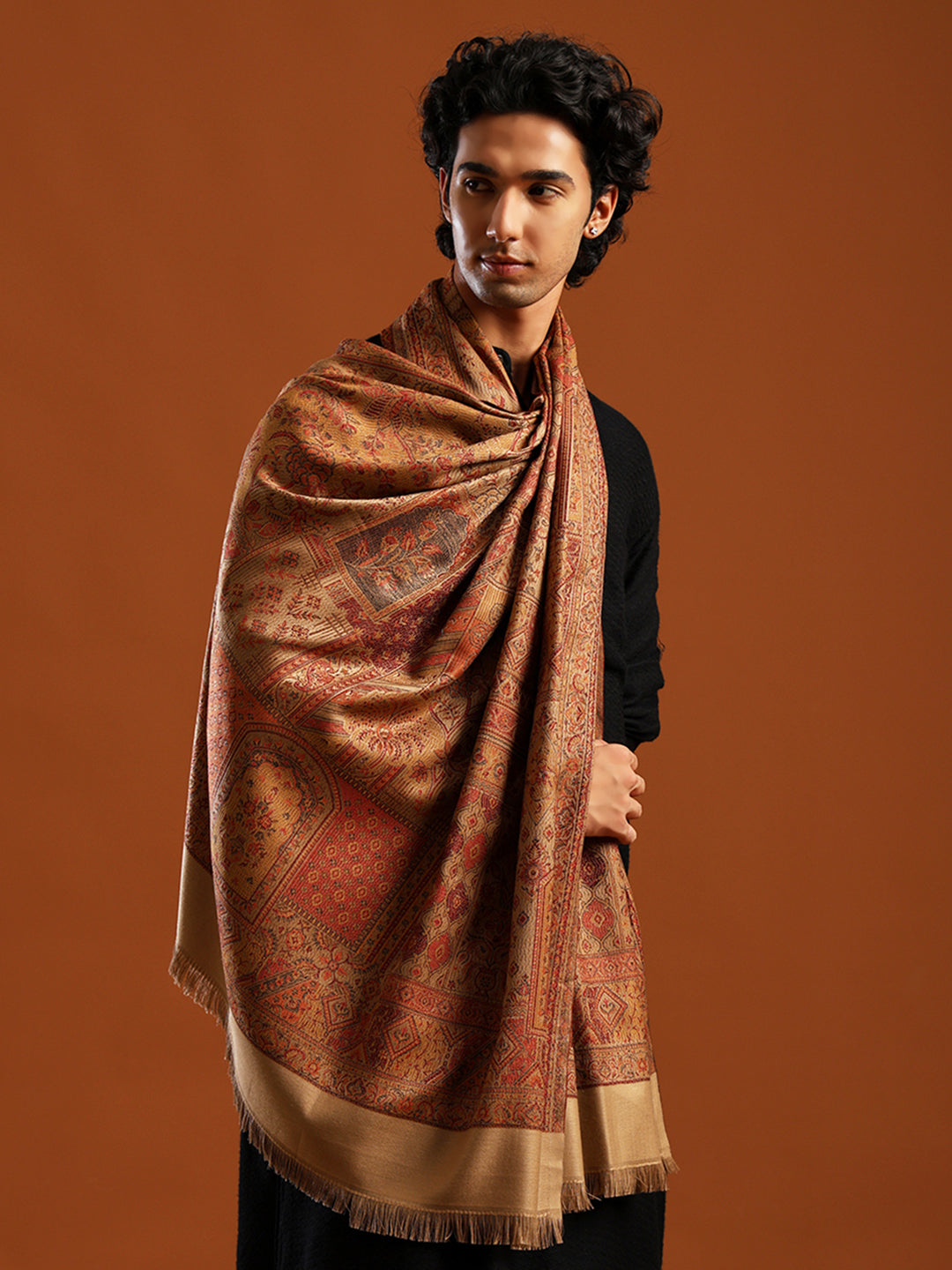 Tweedle Men’s Jamawar Shawl, Faux Pashmina - Beige, Size 40 x 80 inches