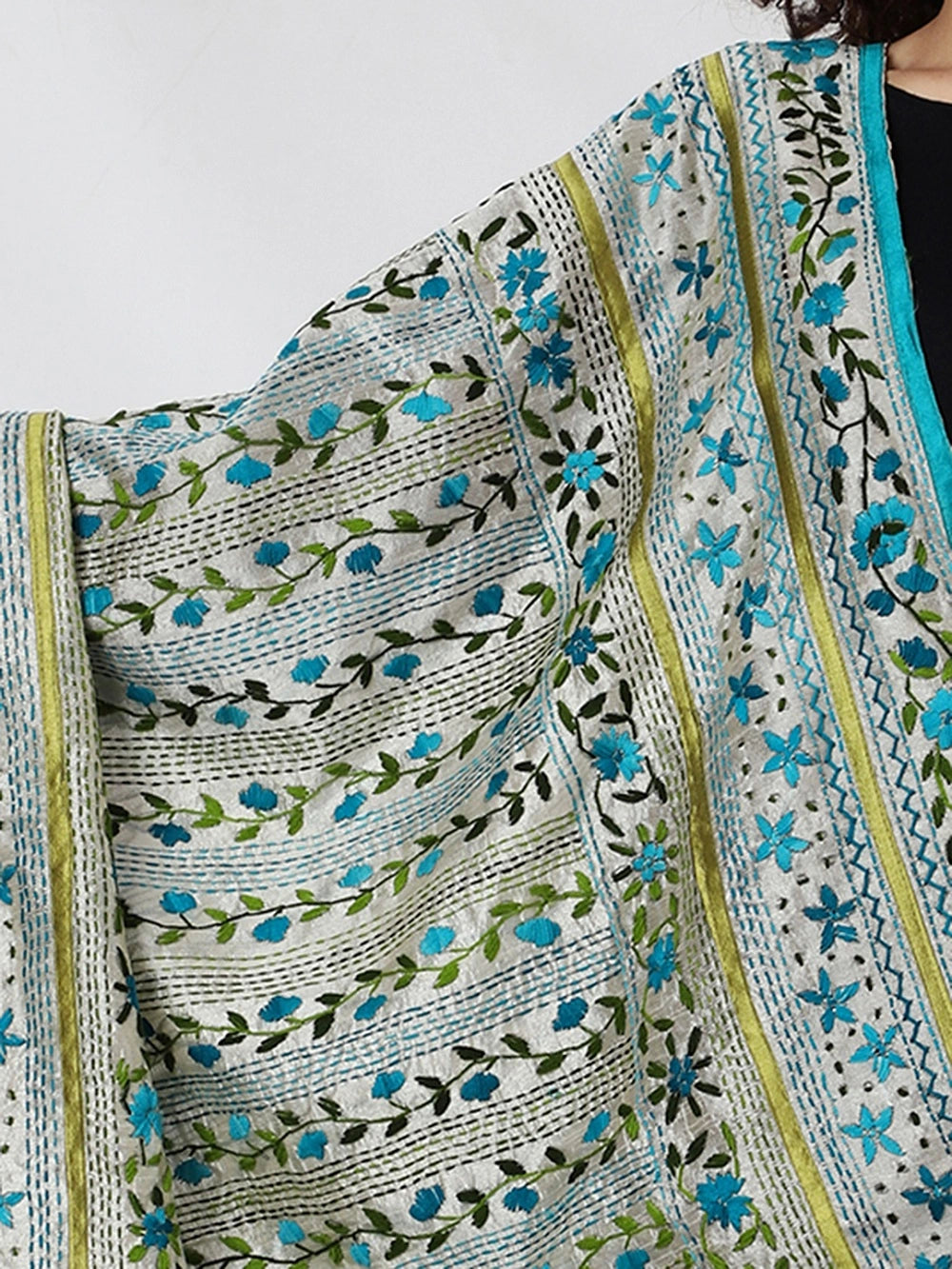 tweedle Offwhite Chanderi Phulkari Hand Embdoidery Dupatta For Women Green, Free Size