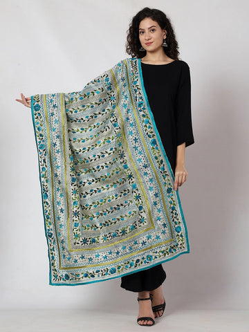 tweedle Offwhite Chanderi Phulkari Hand Embdoidery Dupatta For Women Green, Free Size