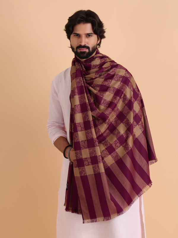 Reversible, Check Design, Woven Shawl - Wine