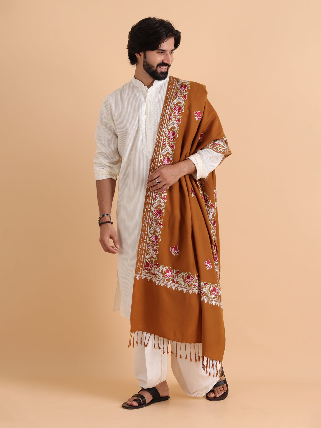 Acro Wool Stole / Wrap with Aari Embroidery Border - Mustard