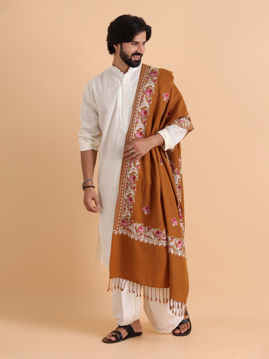 Acro Wool Stole / Wrap with Aari Embroidery Border - Mustard