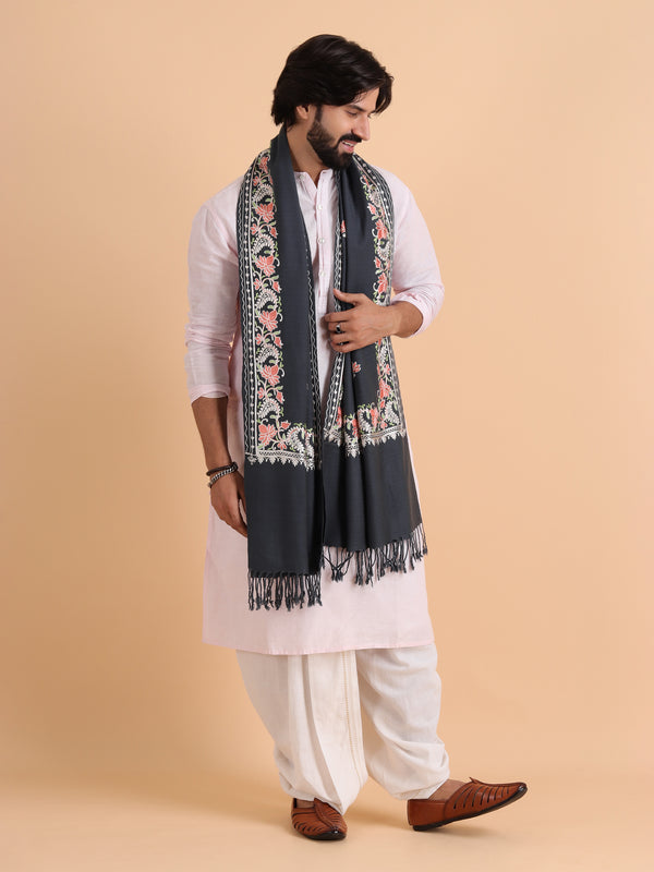 Acro Wool Stole / Wrap with Aari Embroidery Border - Grey