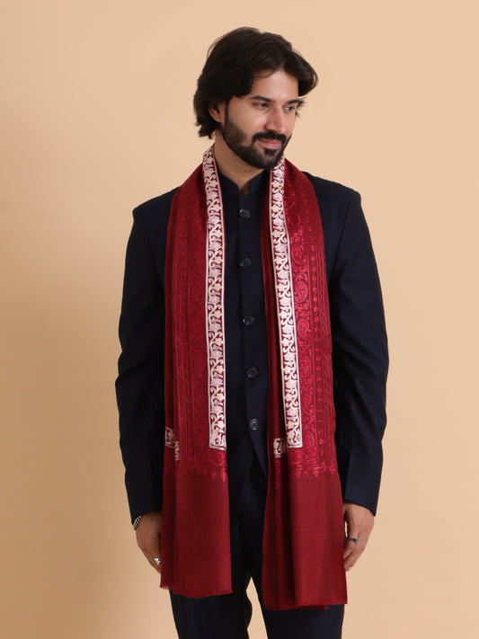 Tweedle Fine Wool Embroidered Stole/Scarf for Men -Maroon, Medium Size -28x80