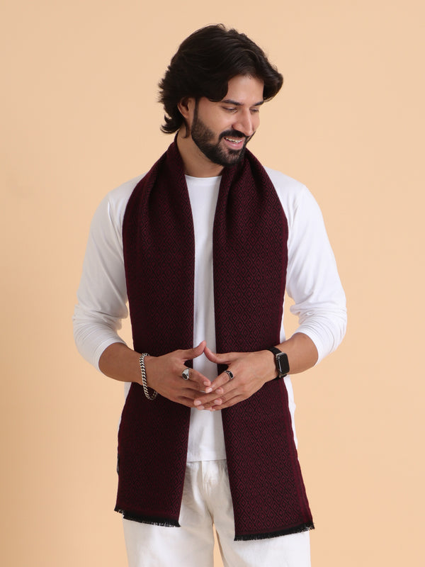 Soft Woolen Reversible Geomentrical Design  Muffler - Maroon