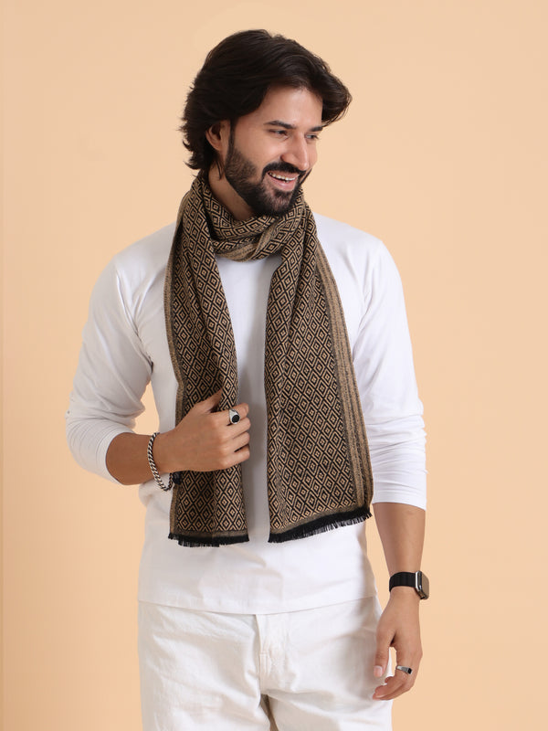 Soft Woolen Reversible Geomentrical Design  Muffler - Beige