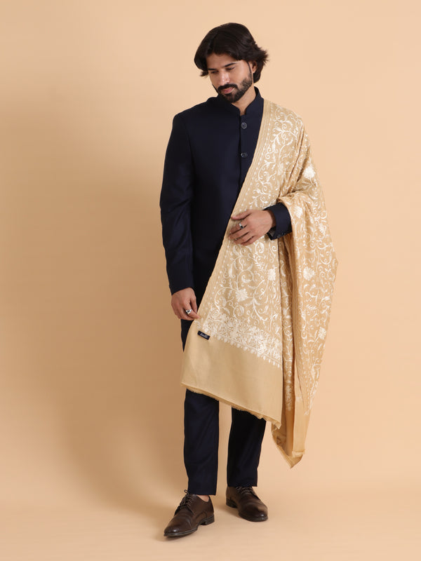 tweedle Kashmiri Aari Embroidery Shawl  for Men - Beige (40 x 80 inches)