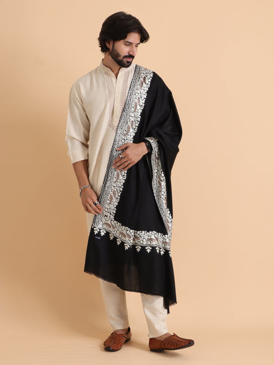 tweedle Kashmiri Aari Embroidery Shawl for Men - Black (40 x 80 inches)