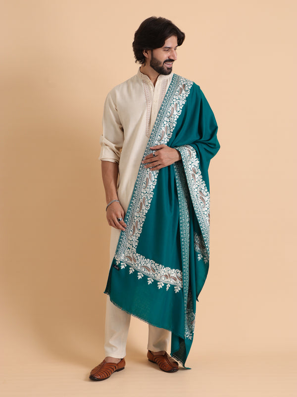 tweedle Kashmiri Aari Embroidery Shawl for Men - Turquoise (40 x 80 inches)