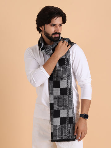 Tweedle Men's  Soft Wool Muffler| Reversible | Geomatrical Pattern | Grey -  Size 14 x 72 Inches