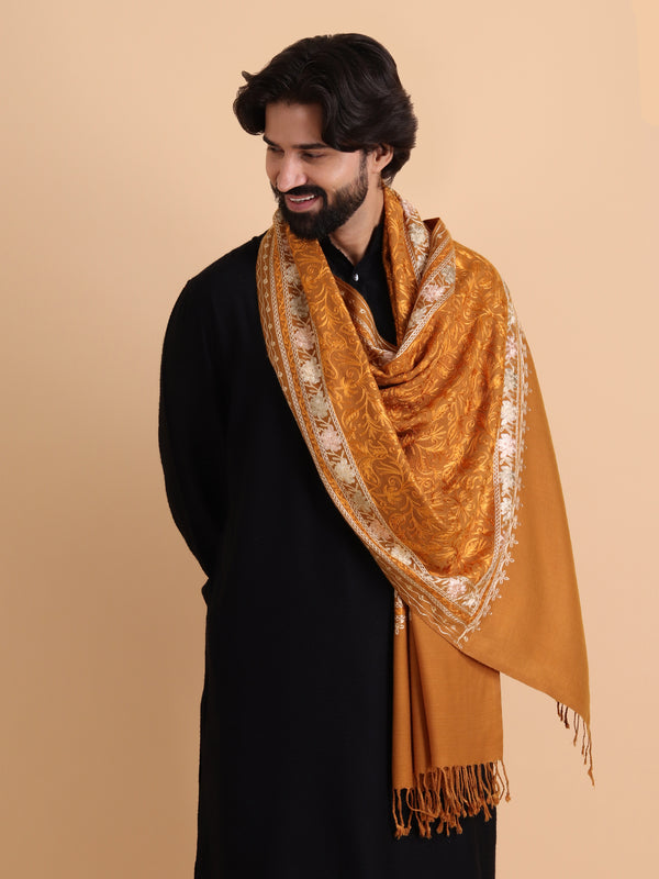 Acro Wool, Soft Feel Kashmiri Embroidery Stole for Winters - Mustard