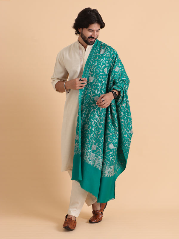 tweedle Kashmiri Aari Embroidery Shawl for Men - Turquoise (40 x 80 inches)