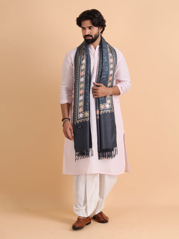 Acro Wool, Soft Feel Kashmiri Embroidery Stole for Winters - Grey