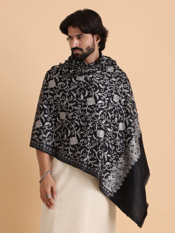 tweedle Kashmiri Aari Embroidery Shawl for Men - Black (40 x 80 inches)