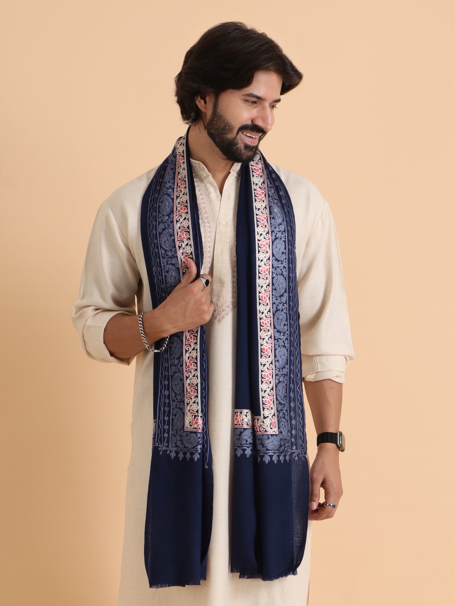 Tweedle Fine Wool Embroidered Stole/Scarf for Men -Navy Blue, Medium Size -28x80