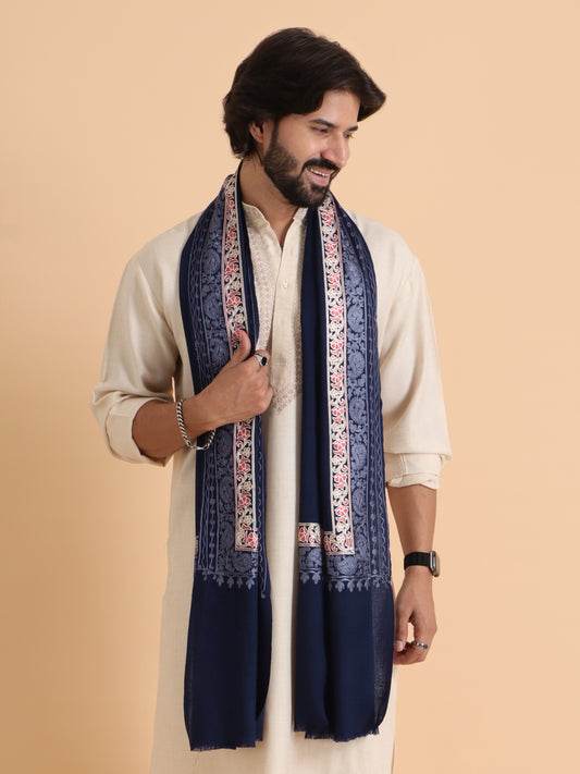 Tweedle Fine Wool Embroidered Stole/Scarf for Men -Navy Blue, Medium Size -28x80