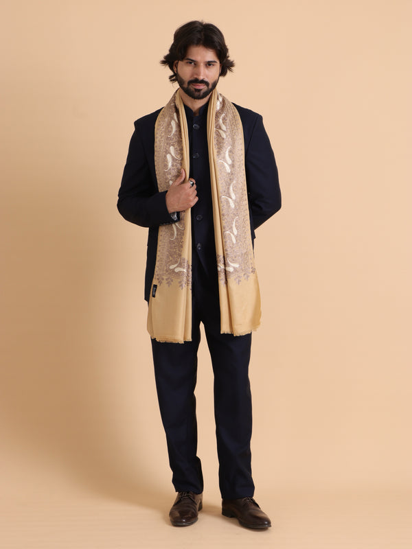 tweedle Kashmiri Aari Embroidery Shawl  for Men - Beige (40 x 80 inches)