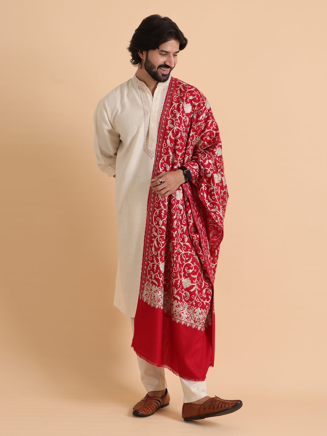 tweedle Kashmiri Aari Embroidery Shawl for Men - Maroon (40 x 80 inches)