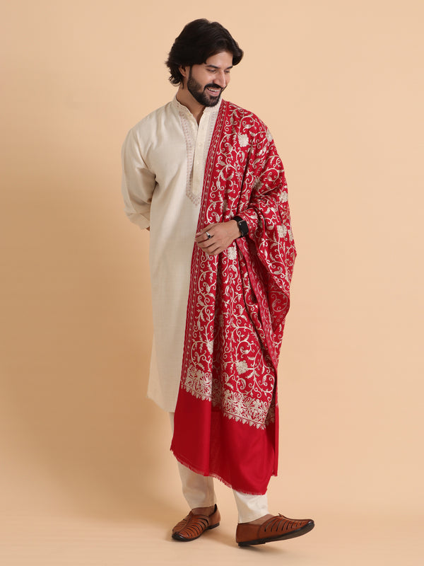 tweedle Kashmiri Aari Embroidery Shawl for Men - Maroon (40 x 80 inches)