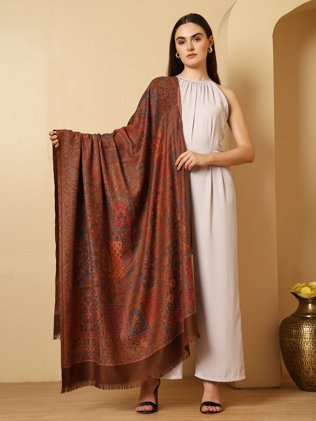 Tweedle Women’s Jamawar Shawl, Faux Pashmina Reversible Design, Brown – Size 40 x 80 inches