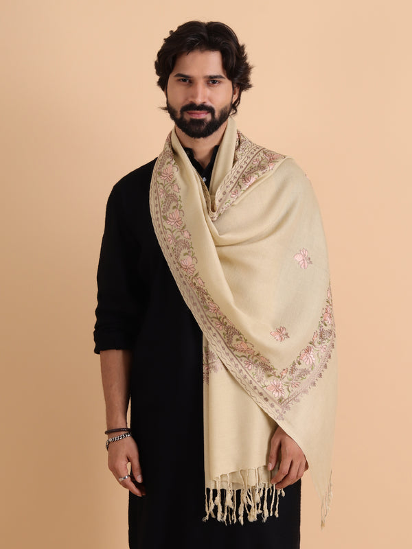 Acro Wool Stole / Wrap with Aari Embroidery Border - Off White