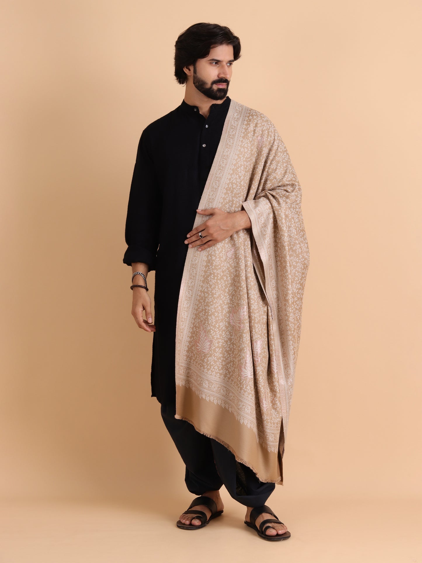 Zari Work Paisley Design Shawl - Beige