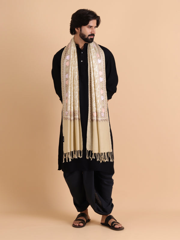 Acro Wool, Soft Feel Kashmiri Embroidery Stole for Winters - Beige