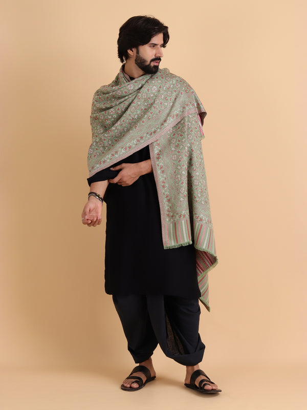 Ethnic Kashmiri Kani Design, Faux Pashmina Shawl - Olive Green