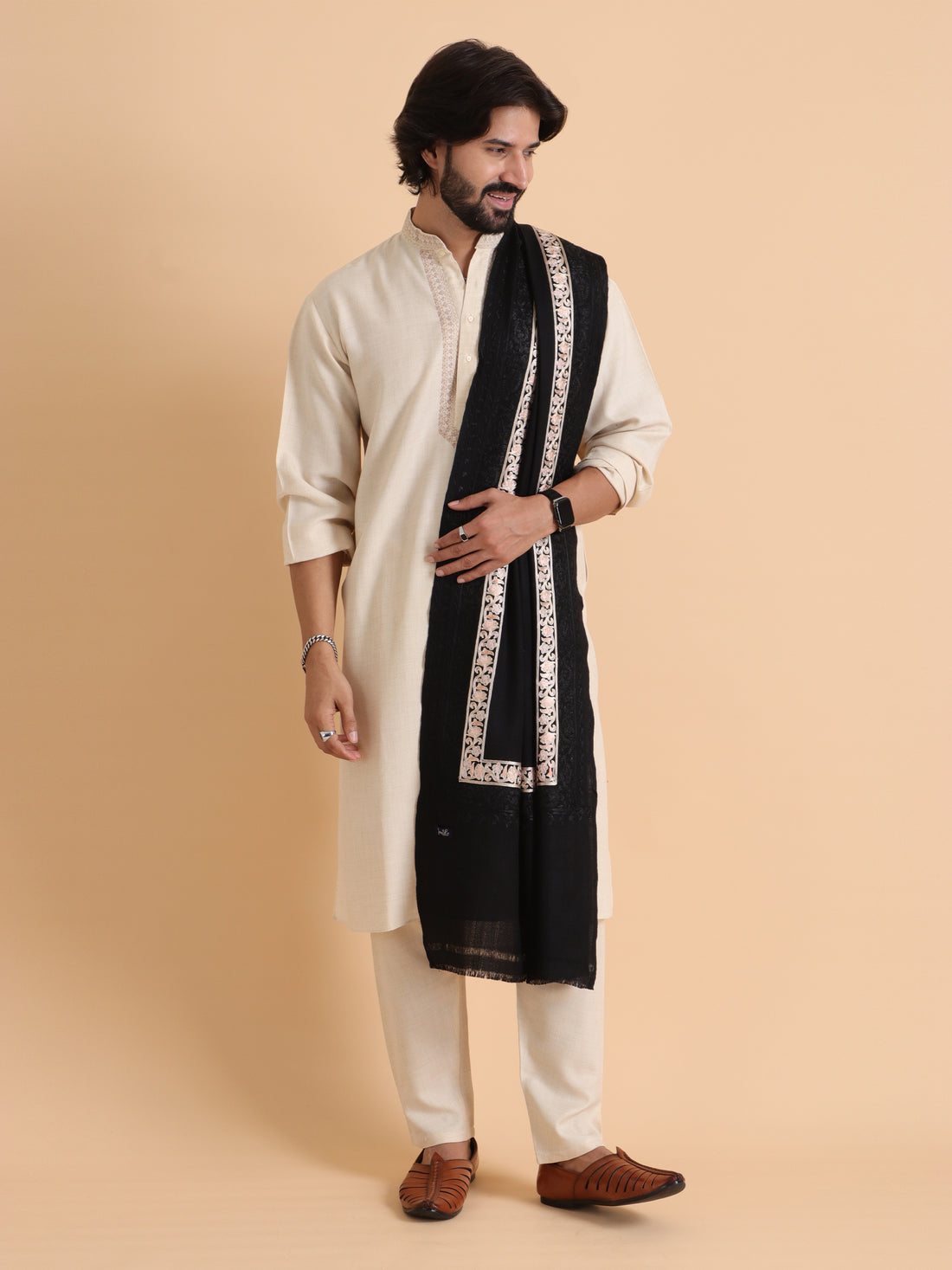 Tweedle Fine Wool Embroidered Stole/Scarf for Men -Black, Medium Size -28x80